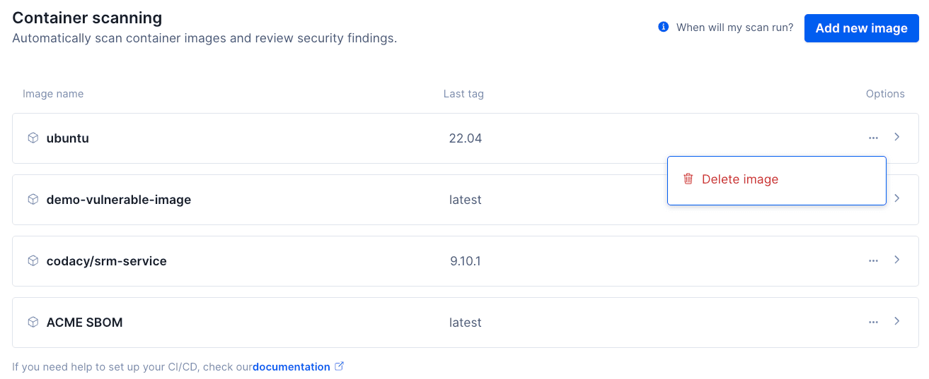 Security and risk management delete container SBOM